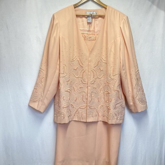 DONNA VINCI Embroidered Beaded Embellishment 2pc Lined Skirt Suit Women 22 Peach - Picture 1 of 16
